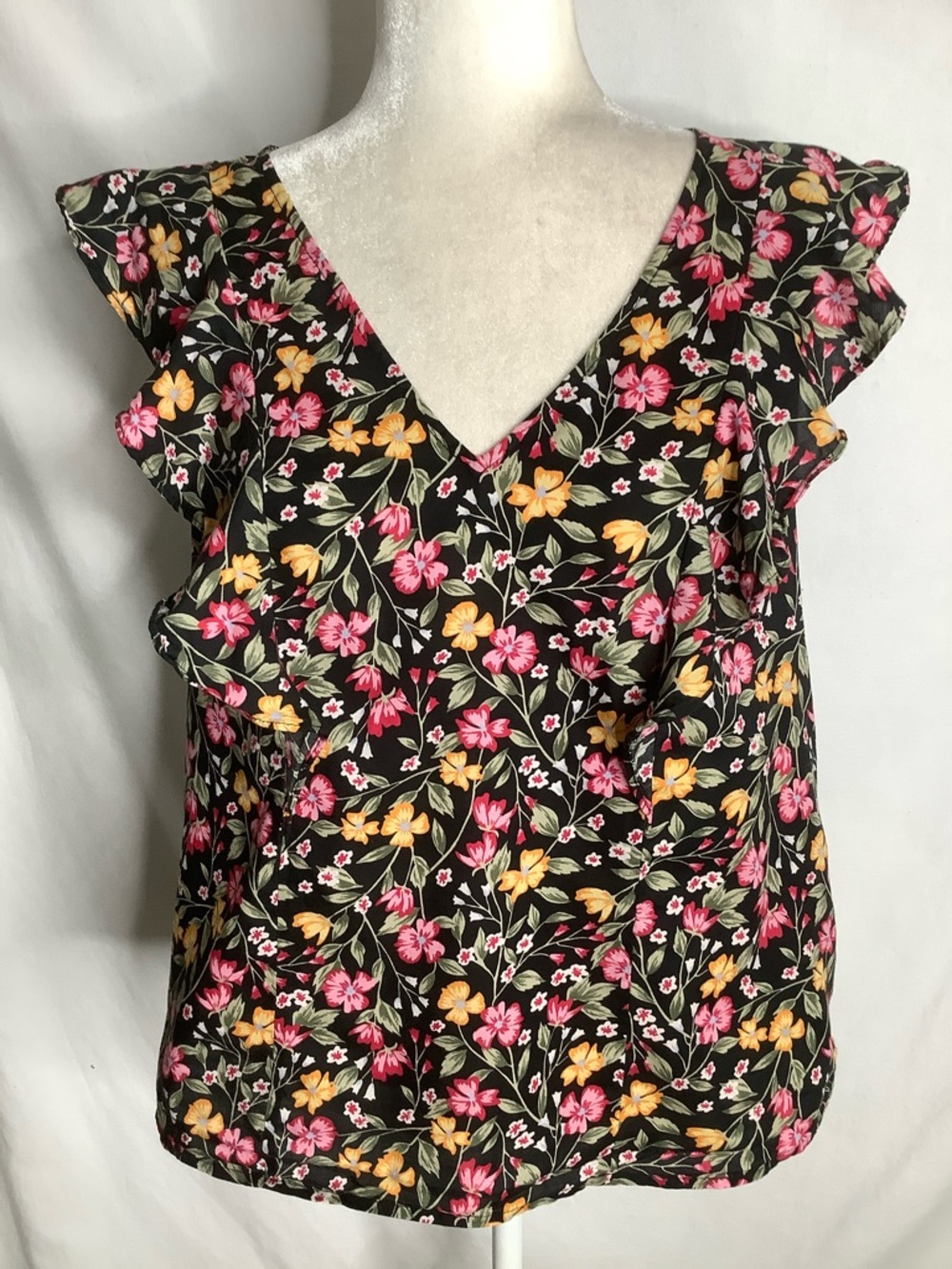 Old Navy Black Floral Flutter-Sleeve Blouse with Pink & Yellow Blossoms